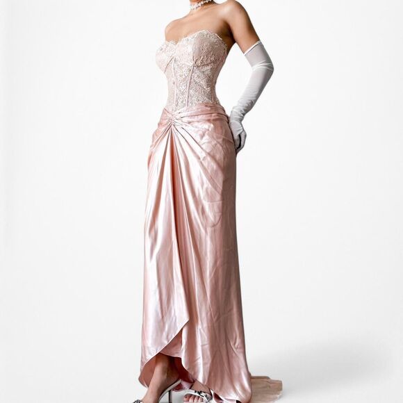 Vintage Silk Blend Pink Strapless Floral Beaded Lace Maxi Prom Dress Size M - Picture 2 of 8